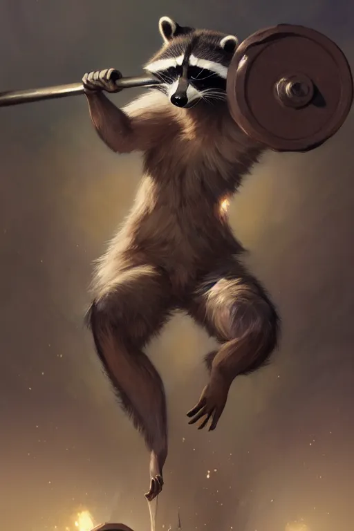 Prompt: anthro raccoon lifting weights, dim dingy gym, dynamic pose, fantasy, intricate, elegant, highly detailed, digital painting, artstation, concept art, matte, sharp focus, illustration, art by artgerm and greg rutkowski and alphonse mucha