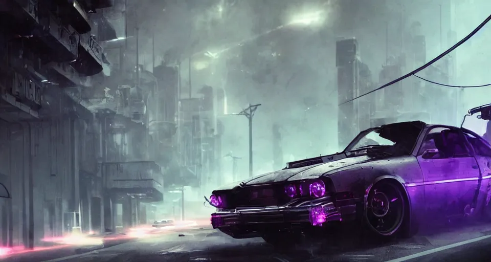 Image similar to movie still cyberdyne cars from terminator, dark cinematic lighting, smoke, atmospheric, purple lasers, low angle photography, beautiful, cyberpunk, artstation,