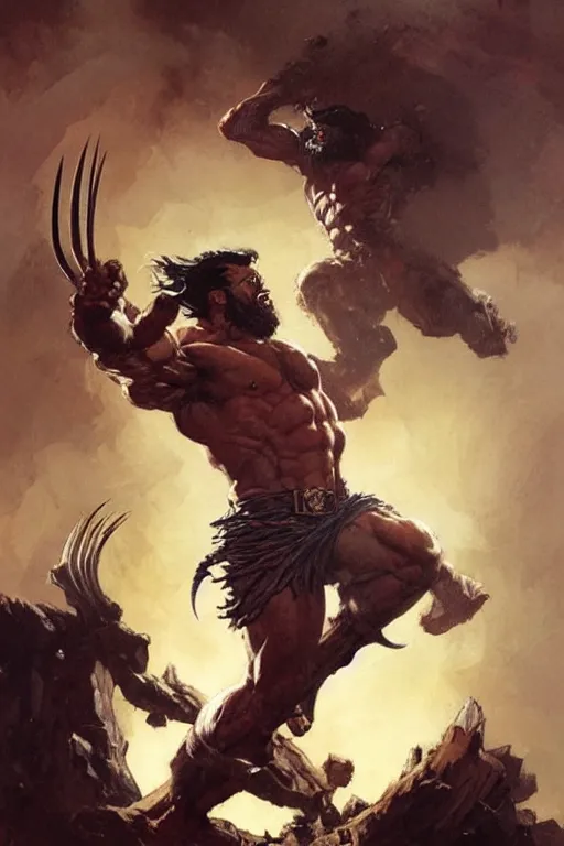 Image similar to mighty wolverine, by Frank Frazetta, Greg Rutkowski, Boris Vallejo, epic fantasy character art, Exquisite detail, post-processing, low angle, masterpiece, cinematic