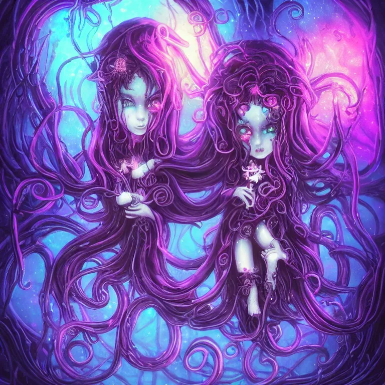 Image similar to A full shot of a dark fairy from the Abyss. Symmetrical. Underwater. Lit from above. Thick Atmosphere. Sailor Moon. Tentacles. Cute. Kawaii. Chibi. Neon glow. Bioluminescence. By Lisa Frank and HR Giger and Ross Tran. Key Art. Fantasy Illustration. award winning, Artstation, intricate details, realistic, Hyperdetailed, 8k resolution. Photoreal. Octane Render.