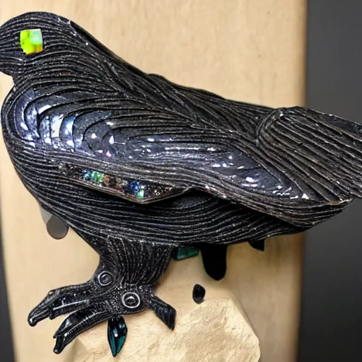 Prompt: metallic rock sculpted into a raven. Inlaid with cut gemstones and smooth polished minerals. beautiful sculpting. masterwork.