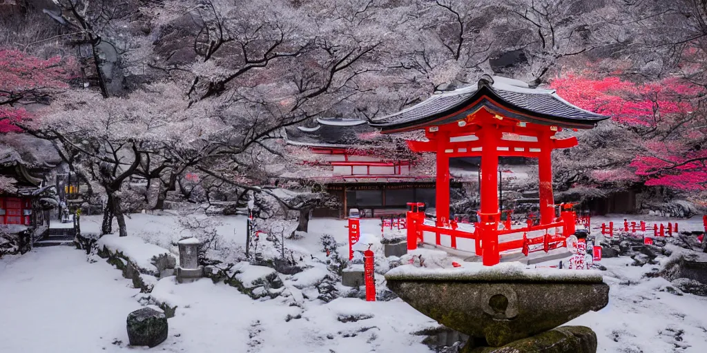 Image similar to a Japanese shrine, snowing, photograph, cyberpunk, sharp focus, intricate detail, drone shot, high resolution, 8k, neon streetlights, wires hanging down everywhere, Japan, colourful,,