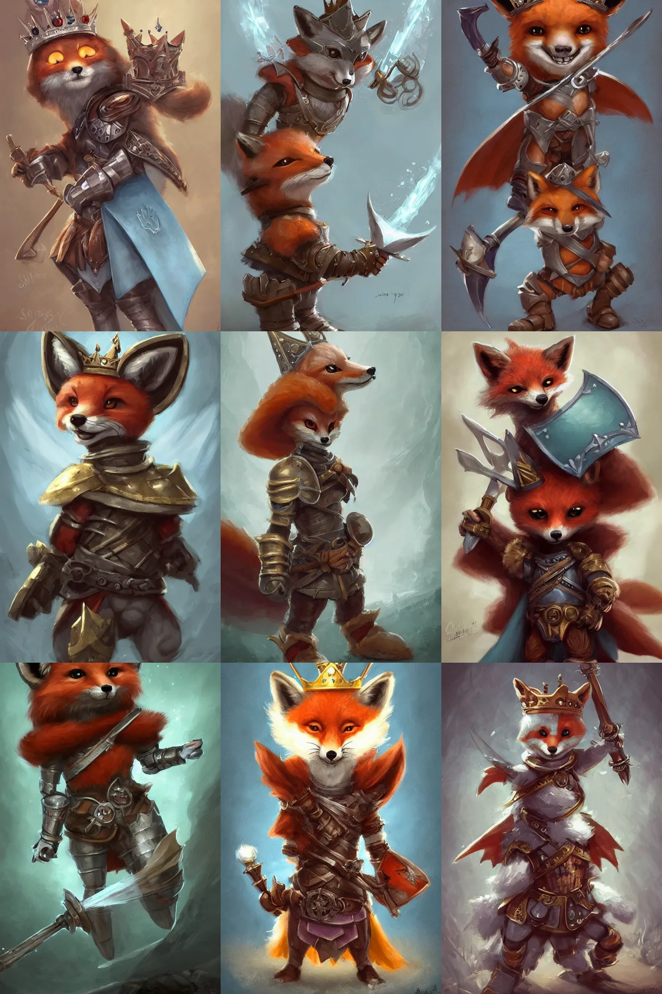 Image similar to cute little anthropomorphic foxy knight wearing a cape and a crown, tiny, small, miniature fox, baby animal, short, pale blue armor, cute and adorable, pretty, beautiful, DnD character art portrait, matte fantasy painting, DeviantArt Artstation, by Jason Felix by Steve Argyle by Tyler Jacobson by Peter Mohrbacher, cinematic lighting