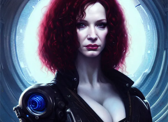 Image similar to portrait shot of a christina hendricks wearing cyberpunk clothing in cyberpunk 2 0 7 7, intricate, elegant, highly detailed, centered, digital painting, artstation, concept art, smooth, sharp focus, illustration, artgerm, tomasz alen kopera, peter mohrbacher, donato giancola, joseph christian leyendecker, wlop, boris vallejo