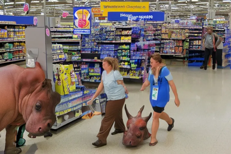 Prompt: hippopotamus walking inside walmart