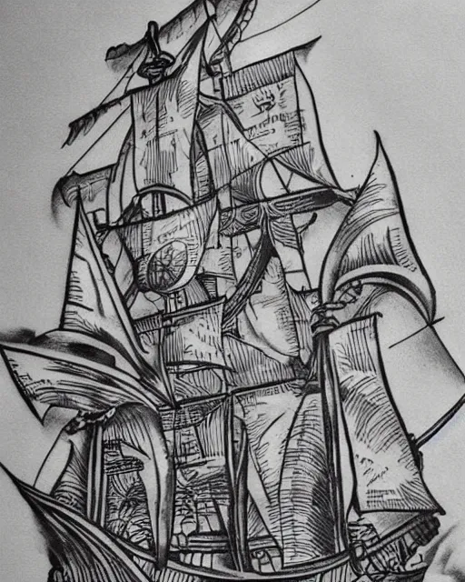 Image similar to A tattoo design on paper of a pirate ship, on paper, black and white, highly detailed tattoo, realistic tattoo, by nik lucas