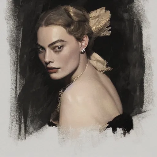 Prompt: portrait of Margot Robbie, antebellum dress, elegant, b&w shading, by Ilya Repin, and Greg Rutkowski