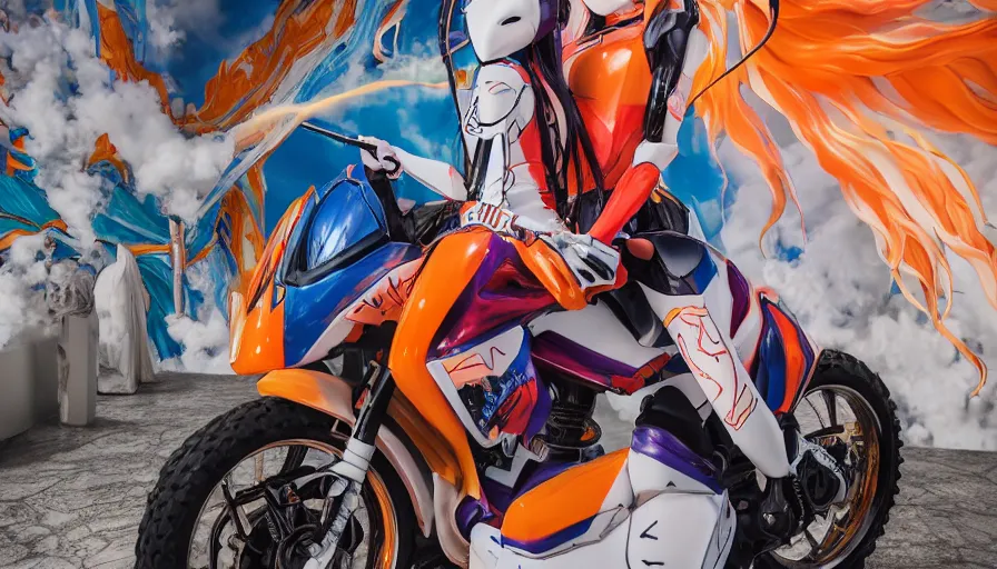 Image similar to extremely beautiful photo of a white marble statue of an anime girl with colorful motocross logos and motorcycle helmet with closed visor, colorful smoke in the background, carved marble statue, fine art, neon genesis evangelion, virgil abloh, offwhite, denoise, highly detailed, 8 k, hyperreal