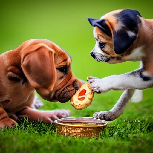 Image similar to photography of a puppie giving some food to baby cat, animal photography, award winning photography by Leonardo Espina