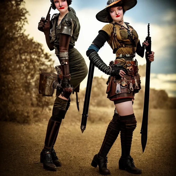 Image similar to full length photo of a very beautiful female slim dieselpunk warrior, 8 k, hdr, smooth, sharp focus, high resolution, award - winning photo