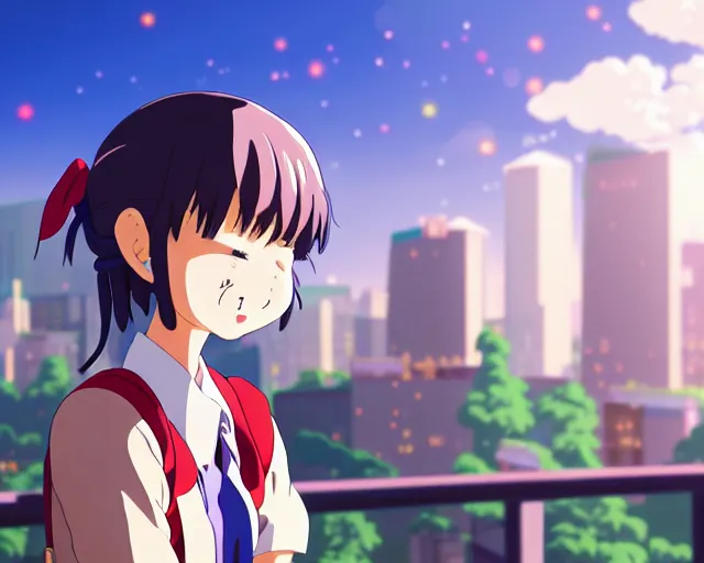 Image similar to anime fine details portrait of joyful school girl talk with robot, city landscape on the background deep bokeh, profile close-up view, anime masterpiece by Studio Ghibli. 8k, sharp high quality anime