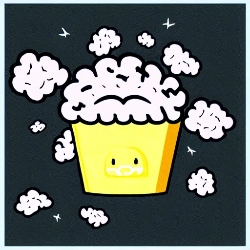 Prompt: fluffy popcorn brain in the style of a kawaii mecha, with lightning bolts