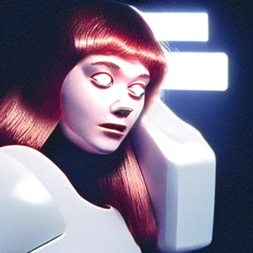 Prompt: photo of young woman, medium close up, with robotic parts over her face and shoulders, and small led lights, white background, from the movie 2001 A Space Odyssey