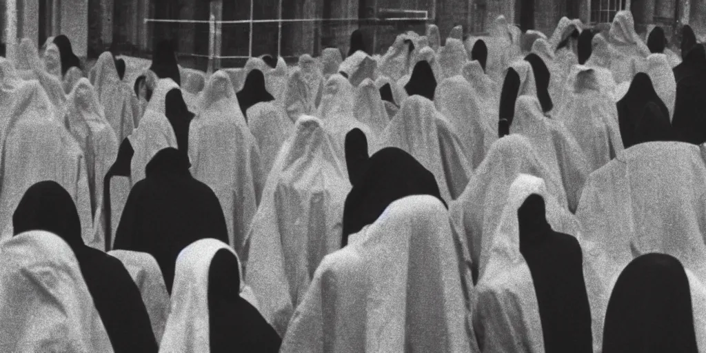 Image similar to black robed and hooded people point towards the viewer in a circle calling forth an eldritch horror, old film, 35mm film, found film, scary, ominous, frightening, ghastly, photorealistic