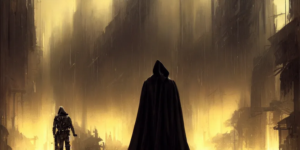 Image similar to a painting of a cinematic keyframe of star wars a dark sith black hooded from behind in a dark dystopian cyperpunk city slums, heavy atmosphere and smoke by greg rutkowski, rule of thirds, golden ratio, ambient lighting, wlop, artgerm, artstation, highly detailed masterpiece, dark fantasy art, high detail, trending on artstation