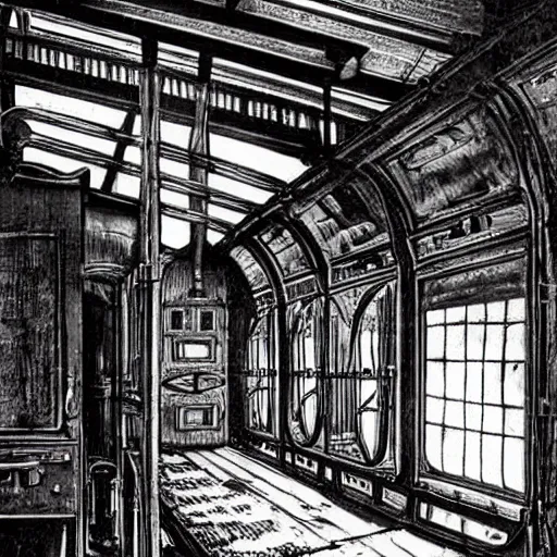 Prompt: the inside of an abandoned steam engine train, weird west 1 7 7 9