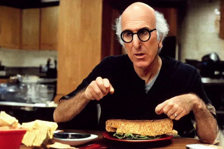 Prompt: larry david eating a sandwich, horror film still, dark atmosphere, found footage, nightmare, unsettling, cinematic