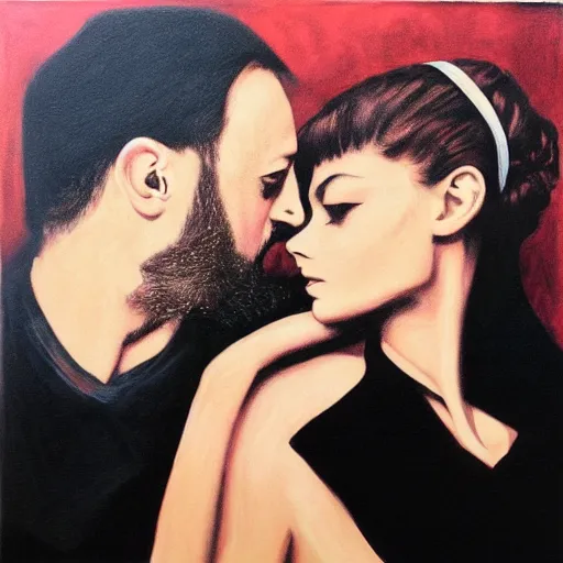 Prompt: Romeo (Jean Reno) and Juliet (Audrey Hepburn), are looking at each other romantically. dramatic, high contrast, romantic, theatrical, lumnious, cinematic lights, oil canvas by Frank Dicksee