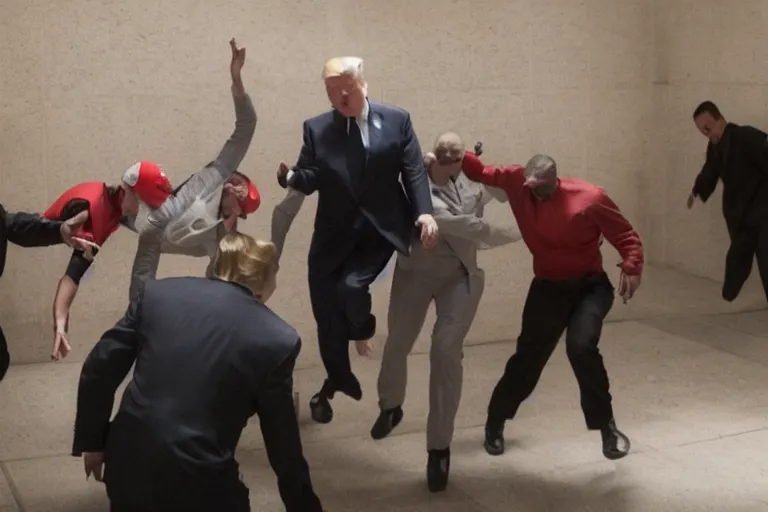 Prompt: cult members breaking donald trump out of prison mission impossible style, cinematic lighting
