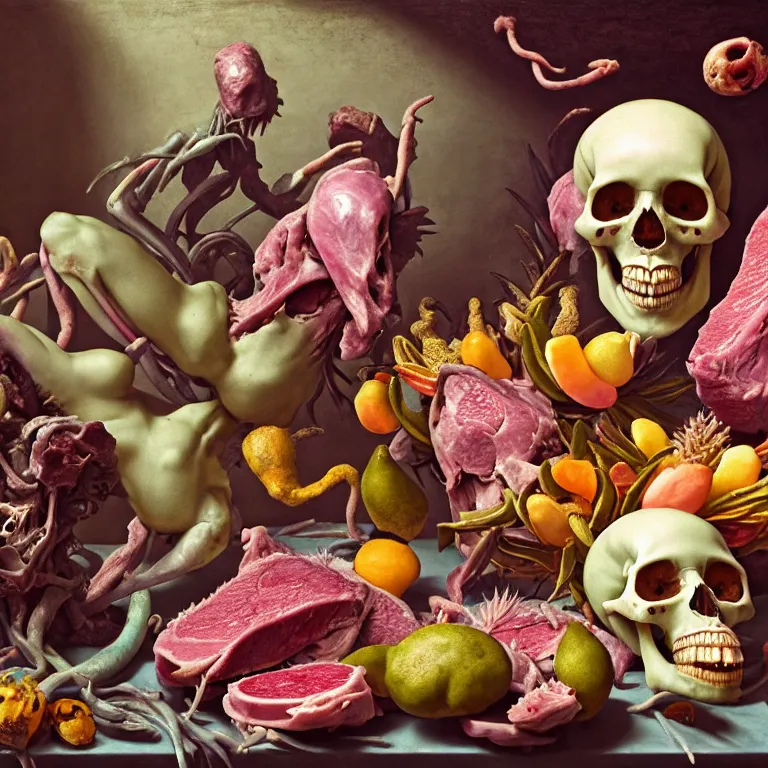 Image similar to still life of beautiful pastel tropical alien flowers, skull, human body parts, tropical fruit, human spine, rotten meat flesh with colorful mold, muscle tissue, spikes, baroque painting, beautiful detailed intricate insanely detailed octane render, 8K artistic photography, photorealistic, chiaroscuro, Raphael, Caravaggio