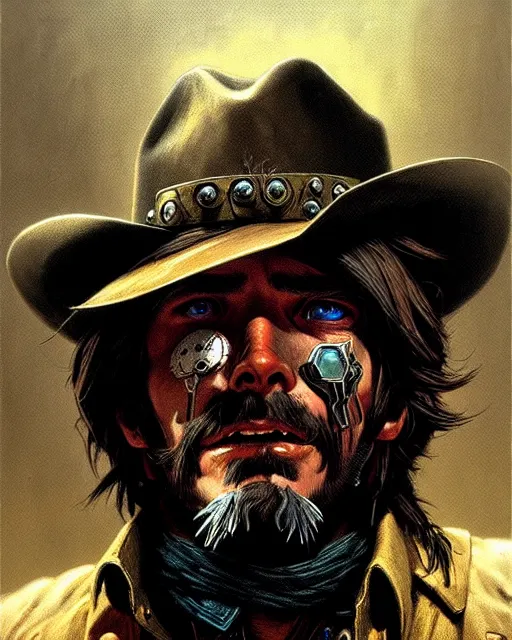 Image similar to mccree from overwatch, character portrait, portrait, close up, concept art, intricate details, highly detailed, horror poster, horror, vintage horror art, realistic, terrifying, in the style of michael whelan, beksinski, and gustave dore