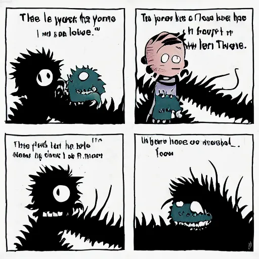 Prompt: the abyss MONSTER looks back at me. in the style of calvin & hobbes by bill watterson