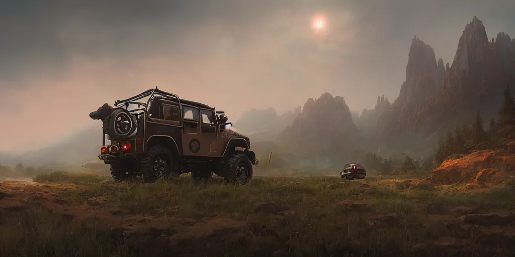 Image similar to Mahindra Thar, an epic fantasy, dramatic lighting, cinematic, establishing shot, extremely high detail, photorealistic, cinematic lighting, artstation, by simon stalenhag, horizon forbidden west