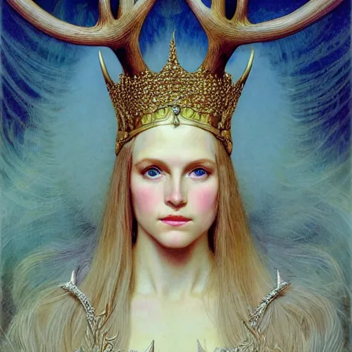 Image similar to a detailed portrait of a blonde haired blue eyed queen of glitter with an antler crown by wayne barlowe and mucha