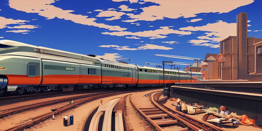 Prompt: bullet-train in Japan, highly detailed, painted by Edward Hopper, painted by James Gilleard, surrealism, airbrush
