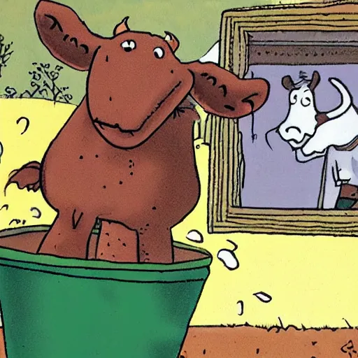 Image similar to a cow points at a bucket, illustrated by gary larson