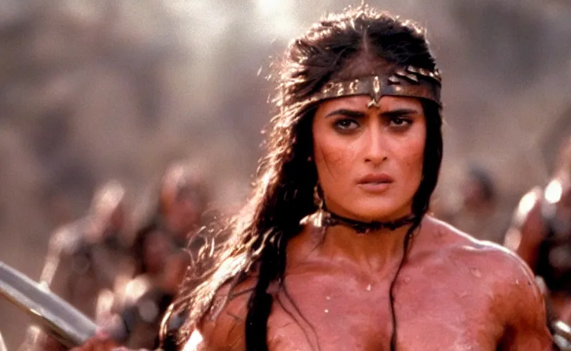 Image similar to epic photo of muscular salma hayek as beautiful barbarian warrior princess in a battle scene, sweaty, detailed eyes, neutral expression, shallow depth of field, photorealistic, cinematic lighting, lovely bokeh, warm colours, dusk, movie quality, conan the destroyer 1 9 8 5, movie still