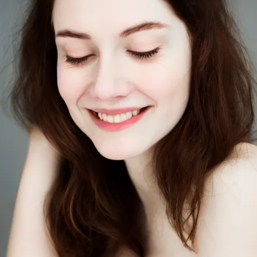 Image similar to a beautiful face of a young pale woman with closed eyes, small lips pointy nose, cheeks, and brown hair in two buns, smiling seductivly