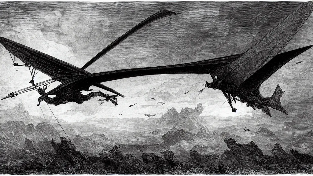 Image similar to drawing of an ornithopter flying toward a desert storm, by gustave dore, nineteenth century, black and white, vintage, science fiction, epic composition, dramatic lighting, highly detailed, cinematic