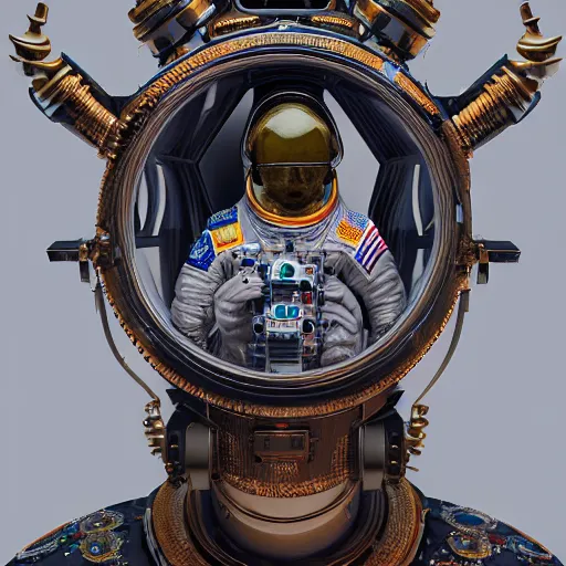 Image similar to A photo-real delicate sculpture of an ornate detailed astronaut in front of an intricate background by AJ Fosik, micro detail, backlit lighting, octane renderer, colourful, physically based rendering, tribal art, trending on cgsociety