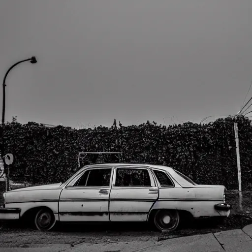 Image similar to an abandoned car in the middle of the street, dark smoke in the background, filthy streets, broken cars. Vines growing. Jpeg artifacts. Trending on flickr. Full-color photo. Samyang/Rokinon Xeen 50mm T1.5