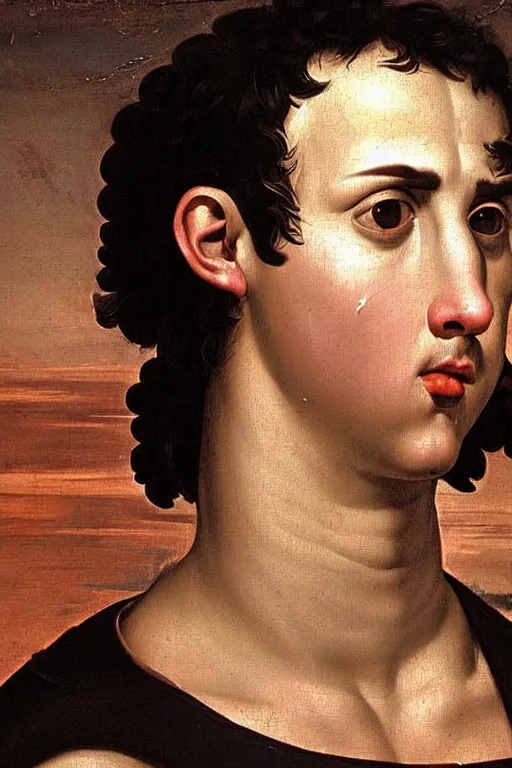 Image similar to renaissance painting of man, short black hair, pleading face, tears dripping from the eyes, emotions closeup, dressed in roman armour, ultra detailed, art by Guido Reni style, Vincenzo Catena style