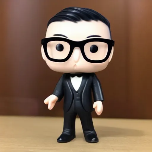 Prompt: asian male with rounded glasses, black suit and tie, funko pop