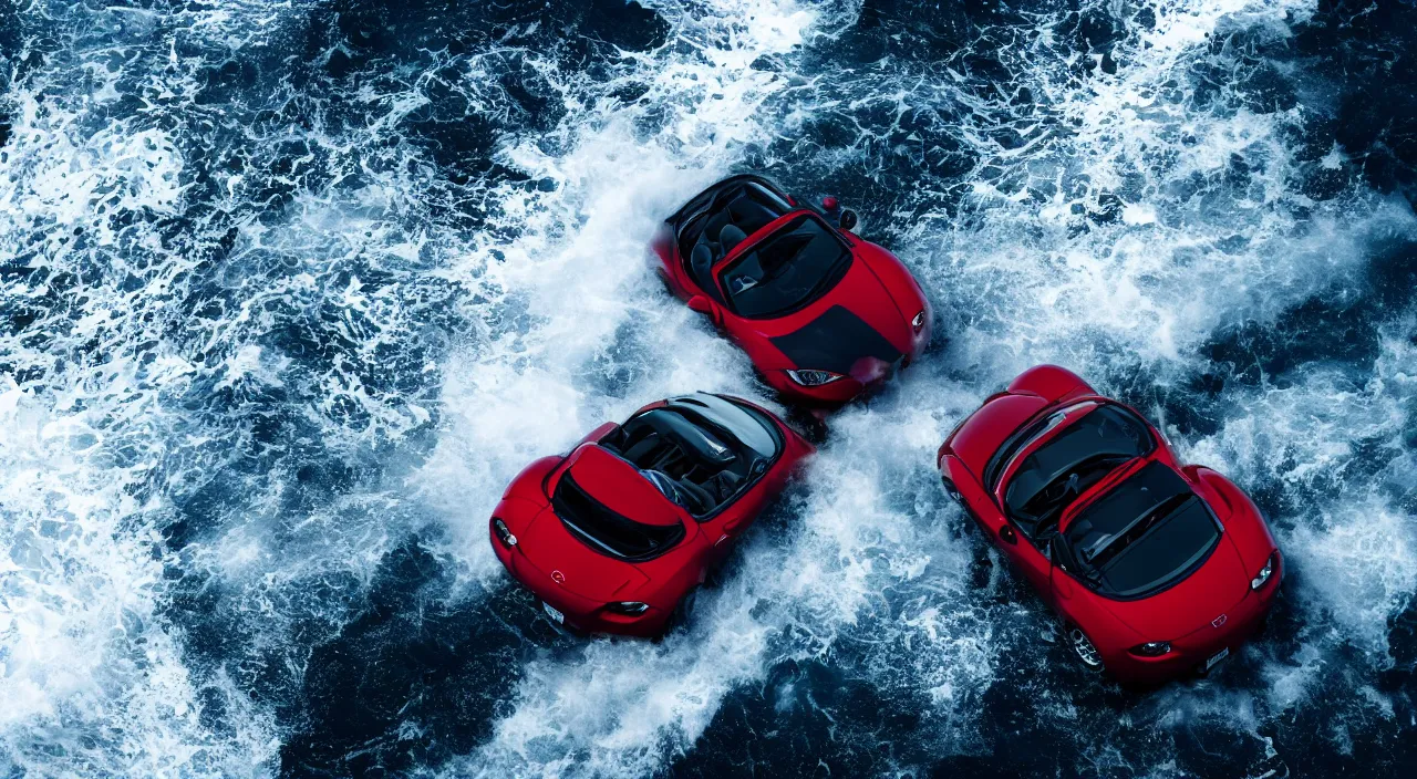 Image similar to mazda miata driving ontop of the ocean, realistic, detailed, contrast, 4 k