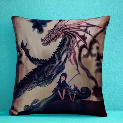 Prompt: a dragon posing seductively on an old lady's silk pillow at a late night dragon party