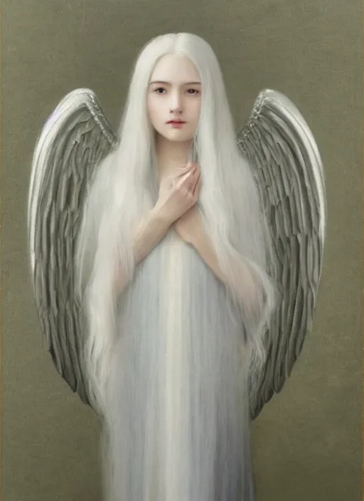 Prompt: thin young beautiful angel with silver hair so long, pale!, wearing silver hair, silver angel wings, wan adorable korean face, silver hair!!, style of fernand khnopff and lucien levy - dhurmer, oil on canvas, 4 k resolution, aesthetic!,