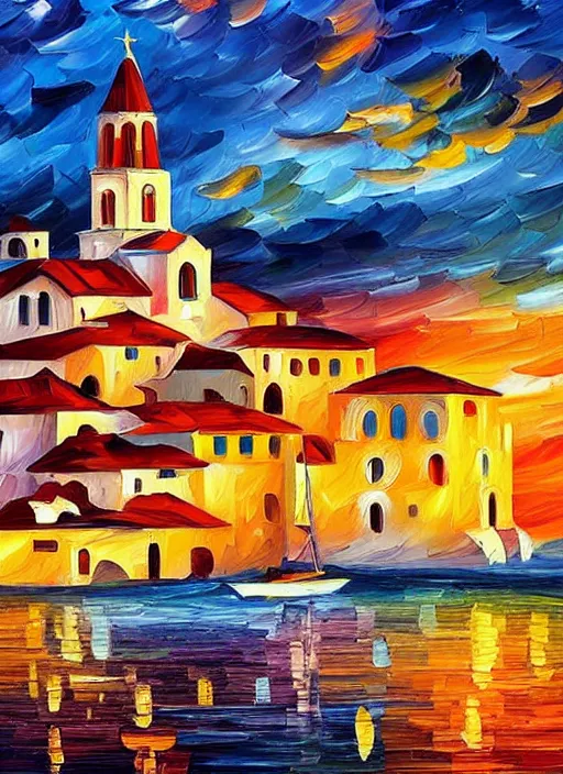 Prompt: beautiful seaside greek village and church at sunset in the style of leonid afremov