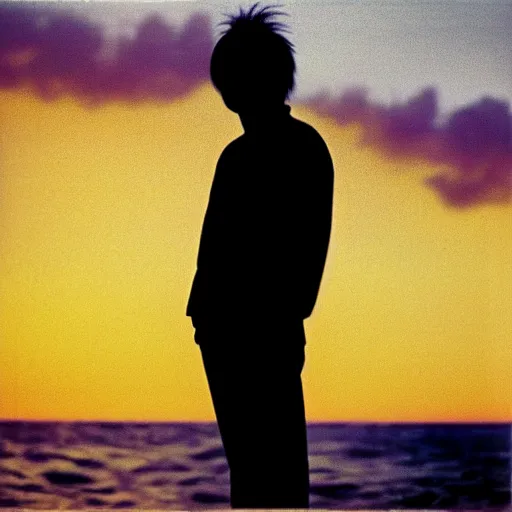 Prompt: tatsuro yamashita standing in the ocean looking at the camera, wide shot, far!!!!!!! away, zoomed out, distance!!!!!!! shot, sunset, centered!!!!!!!!!!, album cover, 1980, ride on time