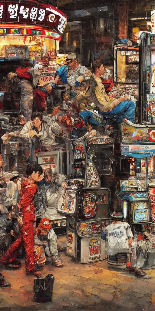 Image similar to oil painting scene from amusement arcade by kim jung gi