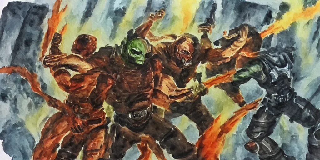 Image similar to doomguy fight in hell watercolor art dark shadows pergament paper