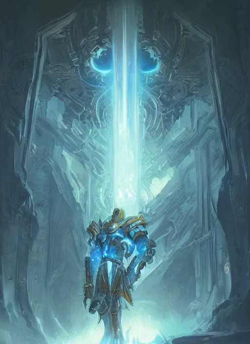 Image similar to a knight in amazing fantasy armor that glows, bursting with blue light, sleek, lightweight but imposing, light glowing from the seams. intricate and ornate. concept art from artstation. beautiful highly detailed fantasy painting by greg rutkowski