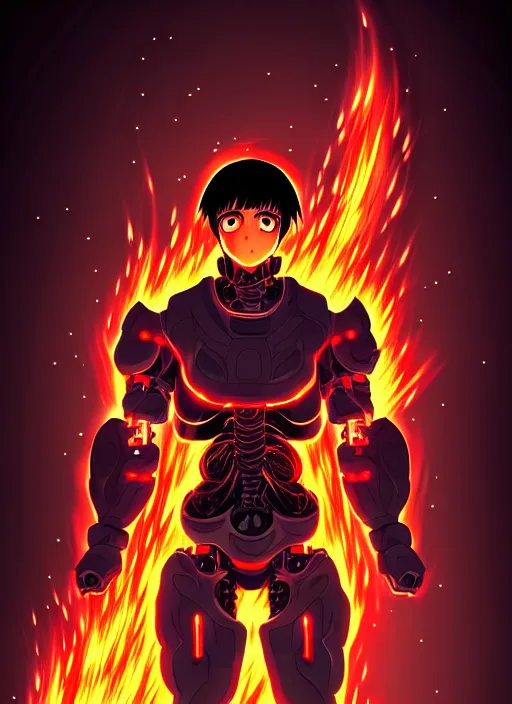 Image similar to a detailed manga full body portrait illustration of a dark haired cyborg anime man surrounded by fire, detailed artwork, realism, 4 k resolution, detailed, high quality, sharp focus, hq artwork, insane detail, volumetric lighting, character concept art, fine details, clear subject, central subject