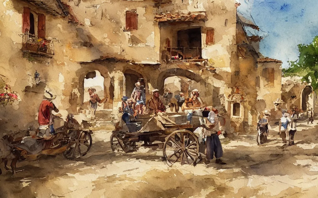 Image similar to beautiful watercolor painting by joseph zbukvic and alvaro castagnet, depicting a wine harvesting on a sunny day in a little italian village