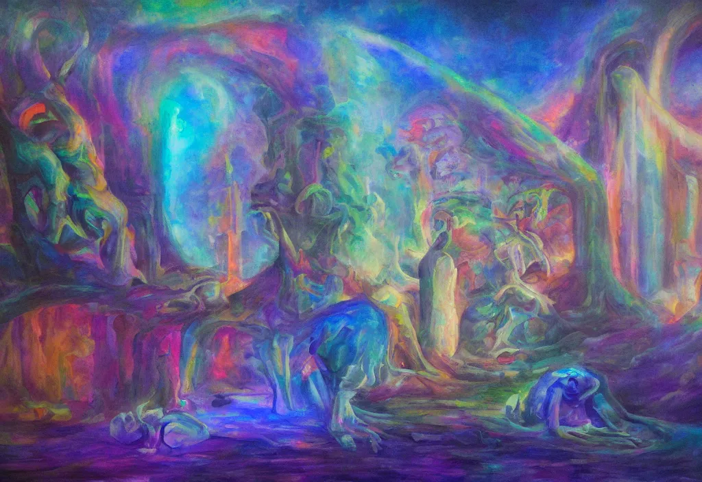 Image similar to iridescent temple of sleep advanced architecture dreamer mythos phantasms, award winning oil painting, polychromatic spectrum