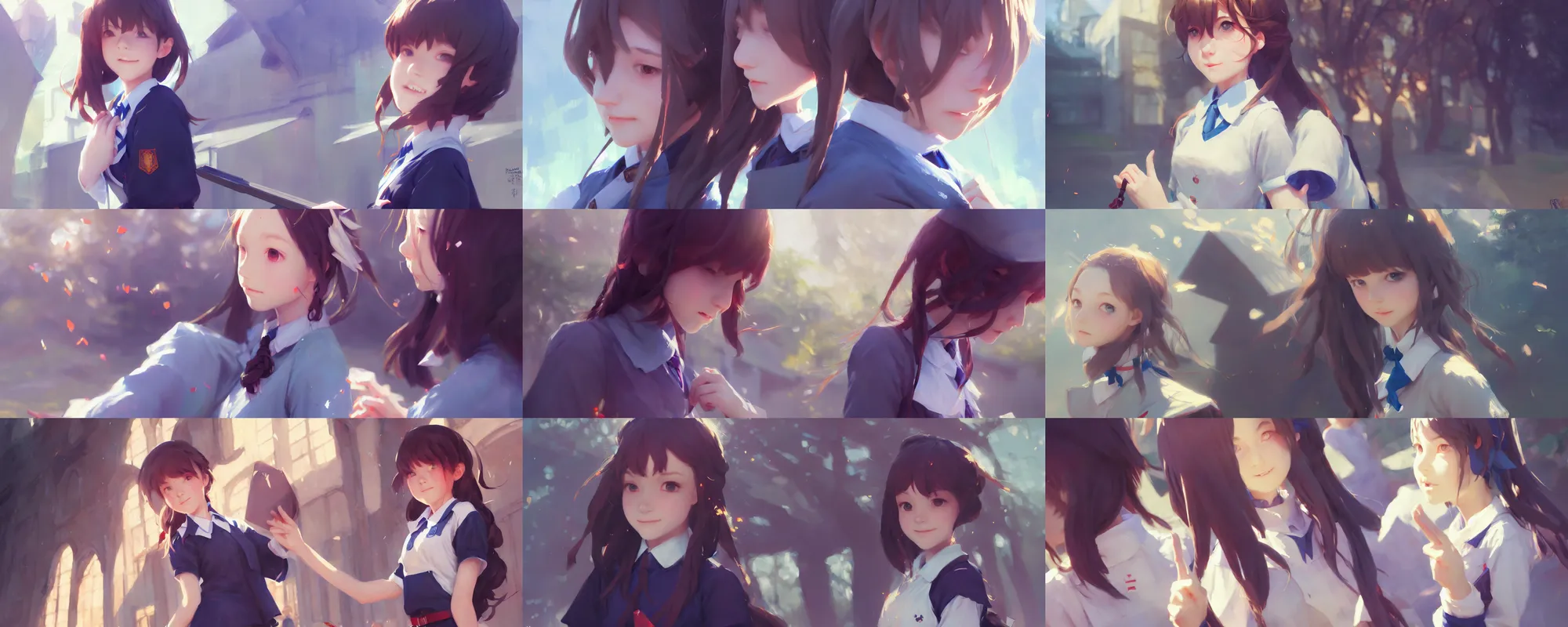 Prompt: girl with wearing magic school uniform, school courtyard, cinematic close - up, illustration, digital painting, concept art, trending on artstation, pixiv, art by ruan jia and makoto shinkai