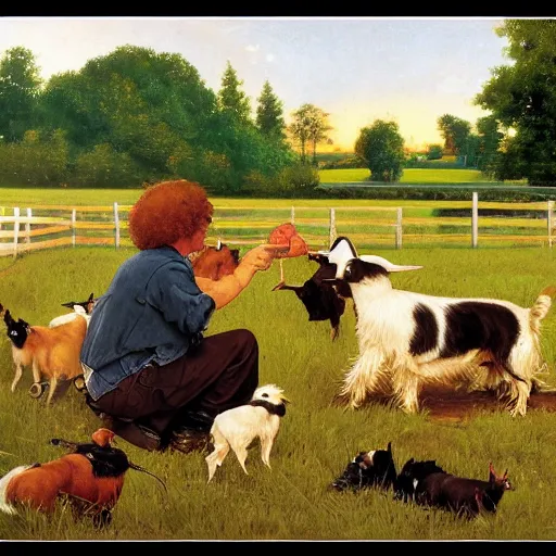 Prompt: feeding the farm dogs at sunrise, 4 k, by bob ross and norman rockwell